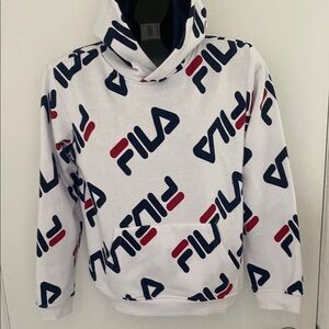 FILA long sleeved White Hoodie Logo in Blue/White Kids 14/16 women’s size Small